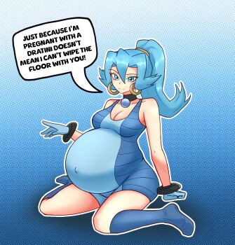 1girl bare_shoulders belly big_belly blue_eyes blue_gloves blue_hair breasts clair_(pokemon) cleavage ear_piercing earrings gloves hanapregs highres jewelry looking_at_viewer navel nintendo non-web_source outie_navel piercing pokemon pokemon_hgss pregnant smile solo speech_bubble