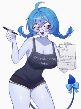 1girl absurdres ahoge black_shirt blue_bow blue_hair blue_skin bow braid braided_twintails breasts cleavage colored_sclera colored_skin colored_tongue commentary contract demon_girl demon_tail eclaerisu english_commentary glasses grey_sclera hair_between_eyes highres large_breasts looking_at_viewer open_mouth paper pen purple_tongue round_eyewear sharp_teeth shirt socks_agency solo tail tail_bow tail_ornament teeth thighs twin_braids virtual_youtuber white_background yellow_eyes yomi_quinnley