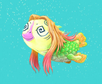Rule 34 | 1girl, @ @, amabie, beak, blonde hair, bubble, commentary, facial mark, fins, fish girl, fish tail, gills, gradient hair, gradient scales, green scales, grey scales, highres, long hair, monster girl, multicolored hair, no humans, nostrils, original, red hair, smile, solo, swimming, tail, traditional youkai, underwater, user zwnh8824, water
