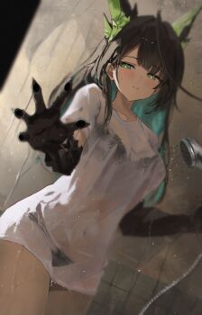 1girl absurdres animal_ears aqua_hair arknights black_bra black_hair black_panties blush bra bra_visible_through_clothes breasts claws closed_mouth colored_inner_hair commentary extra_ears highres holding holding_shower_head large_breasts long_hair looking_at_self looking_at_viewer mon3tr_(arknights) multicolored_hair no_pants panties panties_visible_through_clothes shikyou_yoru shirt short_sleeves shower_(place) shower_head showering solo t-shirt two-tone_hair underwear wet wet_clothes wet_shirt white_shirt