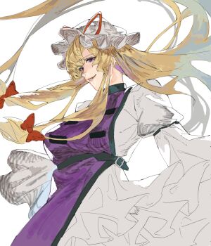 1girl artist_name blonde_hair blue_eyes bow breasts dress floating_hair frilled_dress frilled_hat frills hair_bow hat hat_ribbon highres large_breasts layered_dress long_hair long_sleeves mob_cap oftooon parted_lips puffy_sleeves purple_tabard red_bow red_ribbon ribbon sidelocks signature smile solo tabard touhou very_long_hair white_dress white_hat yakumo_yukari