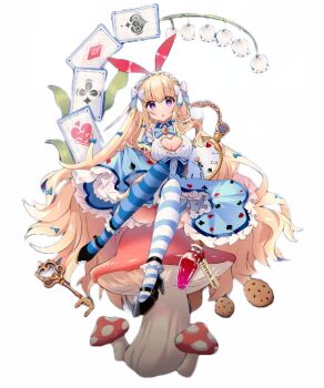 1girl :o alice_(alice_in_wonderland) alice's_adventures_in_wonderland animal_ears ass blonde_hair bow breasts card card_(medium) character_request cleavage_cutout clock clothes_lift clothing_cutout cookie cosplay dress fake_animal_ears food full_body gold heart_cutout high_heels key large_breasts mushroom open_mouth poker poker_print potion purple_eyes qtenka rabbit_ears ribbon shoes sitting skirt skirt_lift tenkafuma
