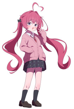 1girl :d absurdres ahoge black_bow black_skirt black_socks blush bow brown_shoes buttons cardigan collared_shirt commentary crossed_bangs double-parted_bangs full_body hair_between_eyes hair_bow hand_in_pocket hand_up heart heart_ahoge highres legs_apart loafers long_hair long_sleeves looking_at_viewer miniskirt necktie nyan_(float_495) open_mouth original pink_cardigan pink_hair plaid_clothes plaid_skirt pleated_skirt purple_eyes red_necktie school_uniform shirt shoes simple_background skirt sleeves_past_fingers sleeves_past_wrists smile socks solo standing twintails v very_long_hair white_background white_shirt