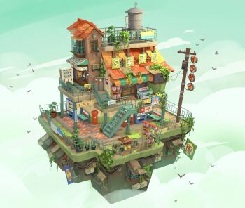 3d animal ari_(anriko) bird cloud commentary_request corrugated_galvanized_iron_sheet dog floating_city highres leaf no_humans original overgrown plant potted_plant sign sky stairs utility_pole vending_machine water_tank window_shutter