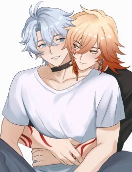 2boys absurdres antenna_hair arm_tattoo black_choker black_shirt blazingstrife blonde_hair blue_eyes braid choker facial_tattoo gradient_hair hashtag-only_commentary highres honkai:_star_rail honkai_(series) hug hug_from_behind male_focus medium_hair multicolored_hair multiple_boys mydei_(honkai:_star_rail) parted_bangs phainon_(honkai:_star_rail) red_hair red_tattoo shirt short_hair side_braid simple_background tattoo white_background white_hair white_shirt yaoi yellow_eyes
