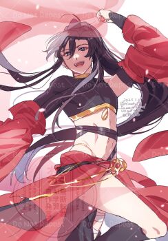 1boy :d abs ahoge alternate_costume arabian_clothes arm_up asymmetrical_clothes asymmetrical_legwear bandaged_leg bandages black_hair black_pants black_shirt black_sleeves black_socks cape chain crop_top crossdressing crossdressing_(mtf) dancer dancing dated detached_sleeves eyeshadow floating_clothes floating_hair gold_chain hair_between_eyes harem_outfit highres holding_veil jewelry kimako_(kimako_8) kneehighs leg_up light_particles long_hair long_sleeves looking_at_viewer makeup male_focus midriff modao_zushi navel open_mouth pants ponytail purple_eyes red_cape red_eyeshadow red_shawl red_veil shawl shirt sidelocks simple_background skin_tight smile socks solo thighs twitter_username veil very_long_hair waist_cape watermark wei_wuxian white_background