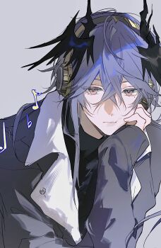 1boy arknights black_horns black_jacket black_shirt black_wings commentary demon_boy demon_horns english_commentary expressionless hair_between_eyes head_rest headphones highres horns intblue jacket logos_(arknights) looking_at_viewer male_focus musical_note pink_eyes pointy_ears purple_hair shirt simple_background solo turtleneck turtleneck_shirt upper_body wings wings_over_eyes