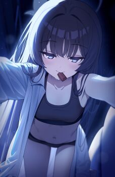 Rule 34 | 1girl, absurdres, black hair, blue archive, commentary request, grey eyes, grey halo, halo, highres, kisaki (blue archive), long hair, looking at viewer, navel, open clothes, open shirt, shirt, single bare shoulder, solo, surps, thighs, white shirt