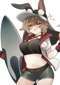 1girl :d animal_ears arknights aza_nonoka belt bikini black_bikini black_hat breasts brown_belt brown_hair caper_(arknights) caper_(summer_flowers)_(arknights) commentary glasses gloves grey_shorts hat highres holding holding_surfboard looking_at_viewer medium_breasts mole mole_on_thigh navel official_alternate_costume open_mouth peaked_cap red_eyes red_gloves short_hair short_shorts shorts smile solo sparkle surfboard swimsuit