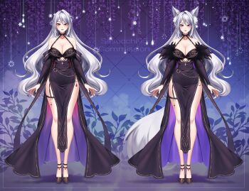 1girl absurdres aegyo_sal animal_ear_fluff animal_ear_piercing animal_ears arms_at_sides artist_name bare_legs bare_shoulders black_bra black_choker black_dress black_nails black_shoes blue_background blush bra breasts choker cleavage closed_mouth collarbone commentary cross cross_earrings curvy double-parted_bangs dress earrings english_commentary eyelashes full_body fur-trimmed_sleeves fur_trim garter_straps grey_hair grey_tail hair_between_eyes hair_intakes highres indie_virtual_youtuber inset_border jewelry lace lace-trimmed_bra lace_bra lace_trim large_breasts legs_together long_dress long_hair long_sleeves looking_at_viewer multiple_views nail_polish off-shoulder_dress off_shoulder pelvic_curtain purple_dress purple_eyes red_eyes red_lips sasucchi95 shoes sidelocks simple_background single_garter_strap smile standing straight-on swept_bangs tail thick_thighs thighs tsurime two-sided_dress two-sided_fabric underwear vampeaches very_long_hair virtual_youtuber watermark wavy_hair wolf_ears wolf_girl wolf_tail