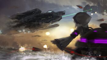 aerial_battle aircraft battle battlefield cloud command_&amp;_conquer command_&amp;_conquer:_red_alert command_&amp;_conquer:_red_alert_2 dart explosion floating from_behind hood hood_up hoodie irkalla_aerial_fortress laser libra_(mental_omega) linkai_nuofu machine machinery mental_omega_(mod) military_vehicle missile motion_blur naval_battle ocean paradox_engine pleated_sleeves psi-corps_symbol scenery science_fiction sea_spray ship shirt sidelocks skirt sky splashing sunset telekinesis thor_gunship war warship water watercraft white_hair