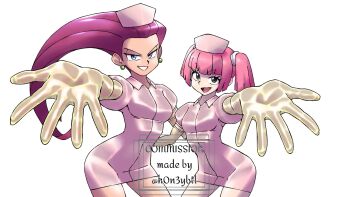 commission coral_(pokemon) dress elbow_gloves gloves grin h0n3ybtl hat highres holding_hands jessie_(pokemon) latex latex_dress latex_gloves matching_outfits nintendo nurse nurse_cap pink_hair pokemon pokemon_(anime) pokemon_(classic_anime) pokemon_horizons reaching reaching_towards_viewer smile white_background