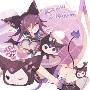 1boy :o aegyo_sal animal_ear_hairband animal_ears backpack bag black_hairband black_neckerchief black_sailor_collar black_shoes black_shorts black_tail black_wings bow brooch candy character_bag character_name checkered_neckerchief collared_shirt cookie cross-laced_shoes crossover cup danganronpa_(series) danganronpa_v3:_killing_harmony demon_tail demon_wings dot_nose eyelashes fake_animal_ears fake_tail fake_wings food foot_out_of_frame footwear_bow full_body hair_between_eyes hair_ornament hairband heart holding holding_cup jewelry kuromi lollipop long_hair_between_eyes looking_ahead macaron male_focus mug nail_polish neckerchief oma_kokichi onegai_my_melody open_mouth oversized_food oversized_object pocky polka_dot_footwear purple_bow purple_eyes purple_hair purple_nails purple_theme sailor_collar sailor_shirt sakura_(fein5862817) sanrio shirt shoes short_hair short_sleeves shorts sitting skull_hair_ornament sneakers striped_bow swirl_lollipop tail twitter_username two-tone_neckerchief white_background white_neckerchief white_shirt wings