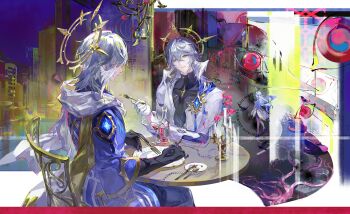 2boys badge blue_hair bottle chair chinese_commentary commentary_request cup drinking_glass fork gloves halo halo_behind_head head_wings highres holding holding_fork honkai:_star_rail honkai_(series) hood hood_down jacket long_sleeves medium_hair multiple_boys official_alternate_costume plate qingming_tiaohetu robin_(honkai:_star_rail) sitting sunday_(honkai:_star_rail) sunday_(sacerdos'_relived_ordeal)_(honkai:_star_rail) table turtleneck wine_bottle wine_glass wings yellow_eyes