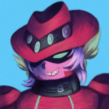 1boy absurdres animal_ears black_mask cowboy_hat digimon facial_mark fangs fortunemagex green_eyes hat highres magnakidmon male_focus mask profile_picture red_hat simple_background smile white_hair