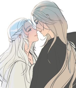 2girls azem_(ff14) blonde_hair blue_eyes braid empetiit eye_contact final_fantasy final_fantasy_xiv hair_ribbon half_up_braid highres long_hair looking_at_another multiple_girls profile ribbon simple_background sketch smile upper_body venat_(ff14) white_background white_hair yuri