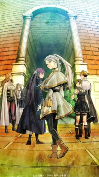 Rule 34 | 1boy, 5girls, abe tsukasa, absurdly long hair, arm strap, armlet, bare shoulders, belt, black belt, black boots, black corset, black dress, black gloves, black pantyhose, black shorts, blonde hair, blue capelet, boots, bow, brick, brick floor, brick wall, brown boots, brown hair, capelet, cloak, coat, commentary request, corset, cover, cover page, doorway, dress, earrings, elf, eyewear on head, fern (sousou no frieren), frieren, full body, glasses, gloves, gold trim, green hair, hair ornament, hair over one eye, highres, jewelry, land (sousou no frieren), long hair, long sleeves, looking at viewer, looking back, manga cover, methode (sousou no frieren), multiple girls, official art, official wallpaper, pantyhose, parted bangs, pleated dress, pleated skirt, pointy ears, ponytail, purple eyes, purple hair, red pantyhose, second-party source, sense (sousou no frieren), shorts, single glove, skirt, sleeveless, sleeveless dress, smile, sousou no frieren, teardrop earrings, thigh strap, twintails, ubel (sousou no frieren), very long hair, white capelet, white cloak, white coat, white dress