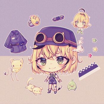 blonde_hair copyright_request dooby dooby_(1st_costume) dooby_(jerboa) genieart green_eyes hat highres indie_virtual_youtuber overalls shoes tail undressing virtual_youtuber