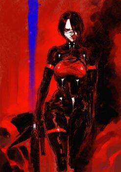 1girl android black_hair blood blood_from_mouth blue_eyes commentary elster_(signalis) feet_out_of_frame gun hair_over_one_eye highres holding holding_gun holding_weapon looking_at_viewer mn90047517 one_eye_covered red_background red_theme serious short_hair signalis skin_seams solo standing weapon