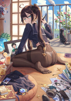 1girl aether_(genshin_impact) ahoge annotated aqua_eyes artist_name ass bird black_hair black_pantyhose blue_serafuku blue_skirt blue_sky blush book bowl breasts cake cat cellphone charm_(object) chinese_commentary cityscape closed_mouth cloud commentary_request contemporary cup cushion dart dartboard day drawing drawing_(object) drawing_tablet drinking_straw earphones earrings figure food full_body ganyu_(genshin_impact) genshin_impact hair_between_eyes headphones highres holding holding_stylus indoors jewelry juice kneeling lanyard long_hair long_sleeves looking_at_viewer medium_breasts midriff_peek mona_(genshin_impact) mool_yueguang orange_juice panties panties_under_pantyhose pantyhose pet_bowl phone plant potted_plant school_uniform serafuku shadow sidelocks sitting skirt sky slime_(genshin_impact) smartphone smile solo strawberry_shortcake stylus sweat table thighband_pantyhose thong twintails underwear unworn_skirt venti_(genshin_impact) vision_(genshin_impact) wariza white_panties wooden_floor xingqiu_(genshin_impact)