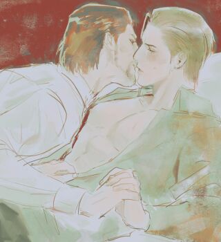 Rule 34 | 2boys, ahoge, beard, commentary request, couple, dojima daigo, facial hair, hair slicked back, imminent kiss, interlocked fingers, large pectorals, male focus, mine yoshitaka, mullet, multiple boys, muscular, muscular male, muted color, nipples, open clothes, open shirt, pectorals, ryuu ga gotoku (series), ryuu ga gotoku 3, sketch, tyag53, undressing another, yaoi