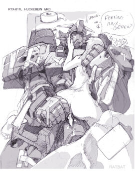 Rule 34 | 1boy, 1girl, banpresto, blanket, clipboard, cum, cum in pussy, cum overflow, duct tape, english text, greyscale, happy sex, hetero, huckebein mk iii, mecha, mecha on girl, mechaphilia, monochrome, nude, object insertion, penis, ratbat, robot, sex, simple background, size difference, speech bubble, super robot wars, text focus, uncensored, vaginal, vaginal object insertion, white background