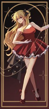 Rule 34 | 1girl, alisa reinford, bare shoulders, black bow, blonde hair, bow, breasts, brown background, dancing, double-parted bangs, dress, eiyuu densetsu, floating hair, footwear bow, full body, gloves, gradient background, hair between eyes, hair bow, high heels, highres, large breasts, long hair, mixed-language commentary, one side up, red bow, red eyes, riwancece 428, sen no kiseki (series), simple background, sleeveless, sleeveless dress, solo, white gloves