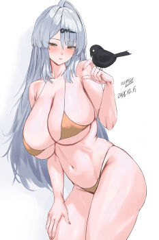 1girl absurdres bikini bird bird_on_hand breasts cleavage commentary_request curvy dated gold_bikini grey_hair hair_ornament hand_up highres large_breasts long_hair looking_at_viewer navel nuo_(fttv3255) parted_lips simple_background solo stomach swimsuit thighs very_long_hair white_background yellow_eyes yixuan_(zenless_zone_zero) zenless_zone_zero