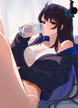 1girl asymmetrical_horns black_hair black_jacket blue_hair breasts colored_inner_hair commentary cropped_jacket cup drinking eneeues english_commentary flower highres holding holding_cup hololive hololive_english hood hooded_jacket horn_flower horns indoors jacket large_breasts long_hair looking_at_viewer mole mole_under_eye multicolored_hair nerissa_ravencroft red_eyes sitting solo spilling straight_hair uneven_horns very_long_hair virtual_youtuber