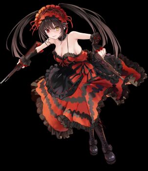 1girl antique_firearm asymmetrical_hair black_bodysuit black_hair bodysuit breasts cleavage commentary date_a_live dress dual_wielding firearm firelock flintlock frilled_dress frills full_body gothic_lolita gun hairband heterochromia highres holding large_breasts lolita_fashion lolita_hairband looking_at_viewer red_eyes saint_laurent_paris simple_background solo strap_gap symbol-only_commentary tokisaki_kurumi twintails v-shaped_eyebrows weapon yellow_eyes