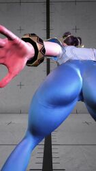 1girl 3d animated ass bent_over blue_leggings brown_hair capcom china_dress chinese_clothes chun-li double_bun dress female_focus game_screenshot hair_bun highres huge_ass leggings solo street_fighter street_fighter_6 thick_thighs thighs video