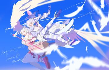 >_< 2girls blue_archive blue_sky commentary_request drill_hair feathered_wings feathers happy_new_year highres holding holding_weapon mage_staff magical_girl multicolored_hair multiple_girls new_year pennanima_1 reisa_(blue_archive) reisa_(magical)_(blue_archive) sky staff suzumi_(blue_archive) suzumi_(magical)_(blue_archive) thighhighs twin_drills weapon white_hair white_thighhighs white_wings wings