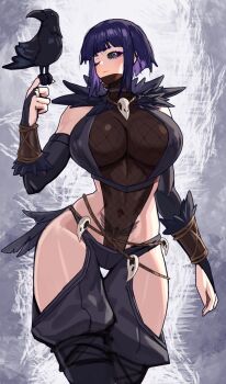 1girl animal bare_shoulders black_hair black_pants black_sclera blunt_bangs breasts closed_mouth colored_sclera corvus_corax_(warhammer) covered_navel grey_background highres jewelry large_breasts necklace one_eye_closed pants podobrick pubic_tattoo shiny_skin short_ahir short_hair skull_necklace tattoo warhammer_40k white_background