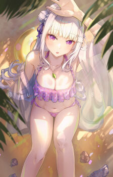 1girl absurdres bare_shoulders beach bikini blunt_bangs breasts cleavage collarbone elf emilia_(re:zero) flower_hairband frilled_bikini frills from_above gem green_gem grey_hair hair_ornament hair_ribbon hand_on_ground hand_on_own_head hand_up highres jewelry justjast large_breasts leaf lifebuoy long_hair looking_up navel necklace open_mouth pointy_ears purple_bikini purple_eyes purple_ribbon re:zero_kara_hajimeru_isekai_seikatsu ribbon rock see-through_clothes see-through_shawl shawl side-tie_bikini_bottom sitting solo swim_ring swimsuit white_hair x_hair_ornament