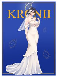 Rule 34 | 1girl, absurdres, blue background, blue flower, blue hair, border, bridal veil, dress, flower, hair intakes, highres, hololive, hololive english, ouro kronii, ranox, rose, solo, strapless, strapless dress, veil, virtual youtuber, wedding dress, white border, white dress, white flower, white rose