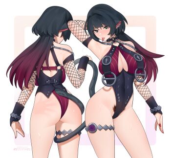 1girl animal_ears arm_behind_head arm_up armpits artist_name ass black_hair breasts cleavage commentary_request contrapposto cowboy_shot detached_sleeves fingernails fishnet_sleeves fishnets from_behind gradient_hair green_eyes hand_up harness heart heart-shaped_pupils highleg highleg_one-piece_swimsuit holding_own_tail jane_doe_(nocturne_of_light)_(zenless_zone_zero) jane_doe_(zenless_zone_zero) jewelry large_breasts legs_apart long_hair looking_at_viewer mouse_ears mouse_girl mouse_tail multicolored_hair multiple_views nail_polish o-ring o-ring_harness o-ring_swimsuit one-piece_swimsuit piercing pubic_hair red_hair red_nails rezodwel spanked standing sweatdrop swimsuit symbol-shaped_pupils tail thighlet tongue tongue_out tongue_piercing two-tone_one-piece_swimsuit white_background zenless_zone_zero