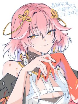 1girl breasts changli_(wuthering_waves) cleavage closed_mouth colored_extremities commentary_request hachikuma_z hair_extensions hair_ornament highres medium_breasts multicolored_hair orange_eyes pink_hair red_hands ring_hair_extensions sideways_glance simple_background smile solo two-tone_hair upper_body white_background white_hair wuthering_waves