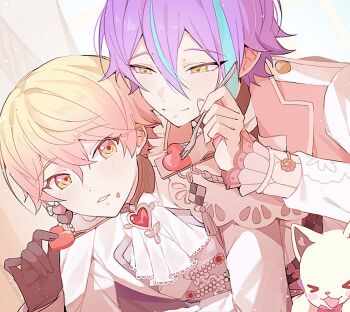 2boys candy_heart cat closed_eyes closed_mouth commentary earrings fork holding holding_fork jewelry kamishiro_rui light_blush looking_at_another male_focus multiple_boys open_mouth project_sekai purple_hair single_earring smile symbol-only_commentary teeth tenma_tsukasa yaoi yellow_eyes yuja03lelee