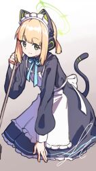 Rule 34 | 1girl, animal ears, aoi hinata v, apron, black dress, blonde hair, blue archive, blue bow, bow, cat ears, cat tail, closed mouth, dress, fake animal ears, fake tail, frilled dress, frills, green eyes, green halo, halo, headphones, highres, holding, holding mop, looking at viewer, maid, maid apron, maid headdress, medium hair, midori (blue archive), midori (maid) (blue archive), mop, seiza, sidelocks, signature, simple background, sitting, sketch, smile, tail, white apron, white background