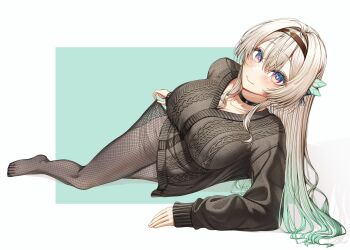 1girl alternate_breast_size_(larger) alternate_costume aqua_hair black_choker black_sweater breasts choker closed_mouth commentary_request firefly_(honkai:_star_rail) fishnet_pantyhose fishnets full_body gradient_hair grey_hair hairband hatsukyo highres honkai:_star_rail honkai_(series) large_breasts long_hair long_sleeves looking_at_viewer lying multicolored_eyes multicolored_hair no_shoes pantyhose simple_background smile solo sweater two-tone_background