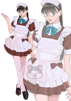 1girl absurdres alternate_costume apron black_hair black_shoes bow brown_dress dress enmaided glasses green_eyes highres kantai_collection loafers long_hair maid maid_headdress ojipon ooyodo_(kancolle) open_mouth shoes short_sleeves simple_background thighhighs white_apron white_thighhighs zoom_layer