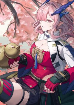 1girl absurdres arknights arknights:_endfield blue_horns breasts cleavage commentary_request demon_horns fingerless_gloves gloves gourd hair_over_one_eye highres holding holding_gourd horns large_breasts light_smile looking_at_viewer mi_fu_(arknights) mole mole_on_breast mole_under_eye pink_eyes pink_hair pointy_ears red_gloves regit_etihw thighhighs tree