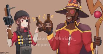 1boy 1girl alcohol artist_name black_gloves black_hair black_hat black_vest bottle brown_background brown_cape brown_hair brown_hat cape collarbone commentary commission commissioner_name cosplay costume_switch crossdressing crossdressing_(ftm) crossdressing_(mtf) crossover dark-skinned_male dark_skin dated demoman_(tf2) demoman_(tf2)_(cosplay) dress english_commentary explosive eyepatch fingerless_gloves flat_chest gloves grenade grenade_launcher grey_eyes grin hand_up hat highres holding holding_bottle holding_staff holding_weapon kiriash kono_subarashii_sekai_ni_shukufuku_wo! layered_shirt long_sidelocks long_sleeves looking_at_another mage_staff megumin megumin_(cosplay) open_mouth red_demoman_(tf2) red_dress red_eyes red_shirt shirt short_hair short_hair_with_long_locks short_sleeves sidelocks simple_background smile staff team_fortress_2 trait_connection upper_body vest watermark weapon white_shirt witch witch_hat yellow_trim