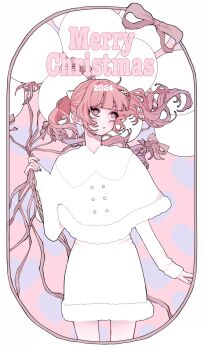 Rule 34 | 1girl, 2024, balloon, blunt bangs, capelet, commentary, cowboy shot, dress, eyeshadow, fall in love you false angels, floating hair, hashtag-only commentary, highres, holding, holding balloon, katsura otogi, long sleeves, looking to the side, makeup, merry christmas, pink eyes, pink eyeshadow, pink hair, solo, uzcoco 66, white capelet, white dress