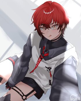 Rule 34 | 1boy, absurdres, bishounen, black choker, black gloves, black shirt, black shorts, choker, collared shirt, gloves, hair between eyes, highres, holostars, holostars english, looking at viewer, machina x flayon, male focus, nesaki, orange eyes, red hair, shirt, short hair, shorts, solo, sweater vest, thigh strap, tongue, tongue out, virtual youtuber, white sweater vest