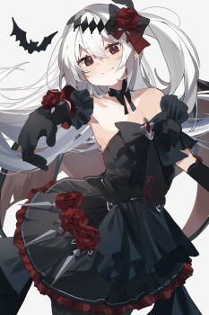 1girl absurdres bare_shoulders bat_(animal) bat_wings black_bow black_bowtie black_dress black_gloves bow bowtie breasts cleavage closed_mouth collarbone commentary_request commission demon_girl dress elbow_gloves fang fishnet_pantyhose fishnets flower frilled_dress frills gloves grey_background hair_flower hair_ornament hand_up higa_(gominami) highres long_hair looking_at_viewer mare_(ac8231) naked_bowtie one_side_up original pantyhose red_eyes red_flower red_rose rose second-party_source simple_background skeb_commission small_breasts solo vampire white_hair wings