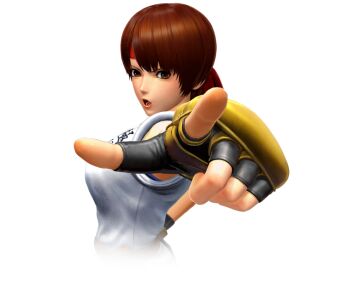 1girl breasts brown_eyes brown_hair dougi female_focus gloves hairband hand_up huge_breasts karate_gi large_breasts looking_at_viewer the_king_of_fighters yuri_sakazaki