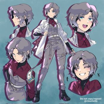 +++ 1girl aqua_eyes artist_self-insert black_shoes blue_background breasts closed_mouth cloumello coat collared_shirt commentary earrings english_commentary full_body grey_hair grey_pants grey_vest grin high_heels highres jewelry looking_at_viewer multiple_views open_clothes open_coat open_mouth original pants parted_bangs red_shirt shirt shoes short_hair simple_background smile standing undershirt vest white_coat