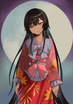 1girl arms_at_sides bamboo_print black_hair blue_background bow brown_eyes closed_mouth collared_shirt cowboy_shot frilled_shirt_collar frilled_sleeves frills full_moon gradient_background head_tilt highres houraisan_kaguya leaf_print long_hair long_sleeves looking_at_viewer moon onionmay pink_shirt purple_background red_skirt shirt skirt smile solo touhou very_long_hair white_bow
