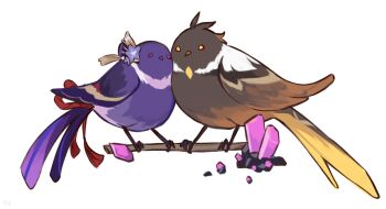 animal animalization antenna_hair bird bird_wings branch brown_bird c520gpss chinese_clothes couple crystal fan_hair_ornament flower flower_ornament genshin_impact hair_ornament highres on_branch orange_eyes purple_bird purple_eyes purple_flower raiden_shogun simple_background white_background wings zhongli_(genshin_impact)
